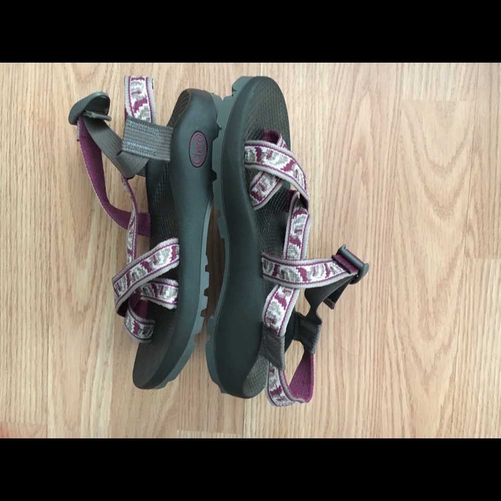 Purplish patterned Chaco sandals